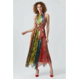 Alice + Olivia Metallic Pleated Halter Maxi Dress Rainbow Print Belted Size 2
